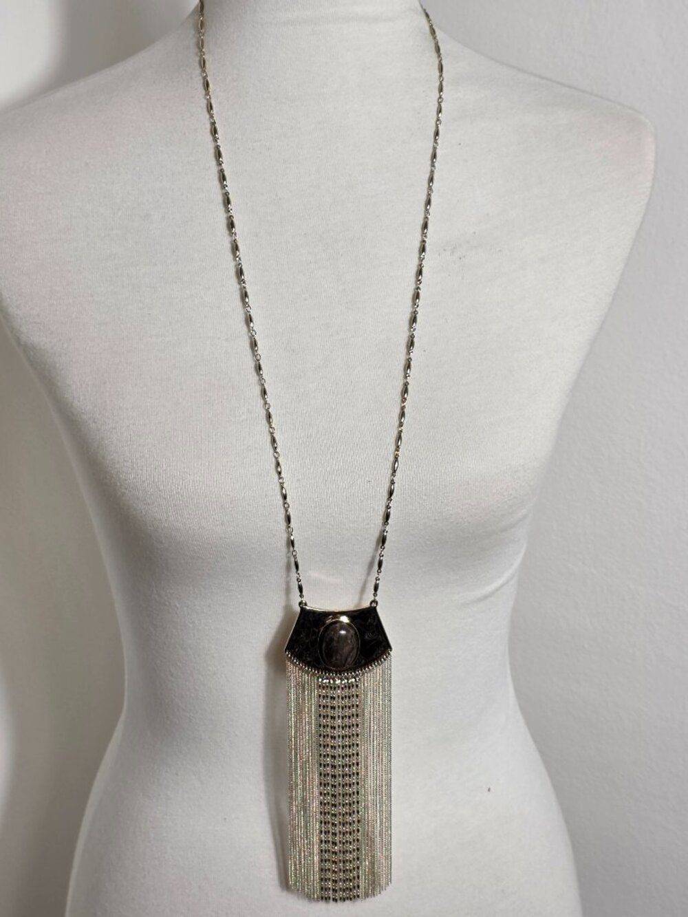 White House Black Market Necklace Shield Shaped Pendant Metal Fringe Tassel